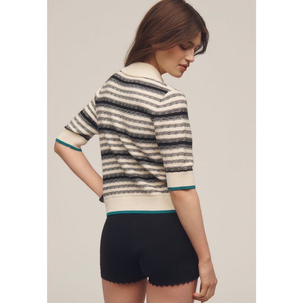 Maeve Anthropologie Striped Knit Polo Cardigan Sweater Black Cream Green Trim - Picture 2 of 9
